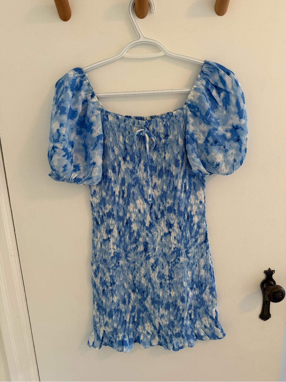 Faithfull the Brand Blue Smocked Puff-Sleeve Mini Dress
